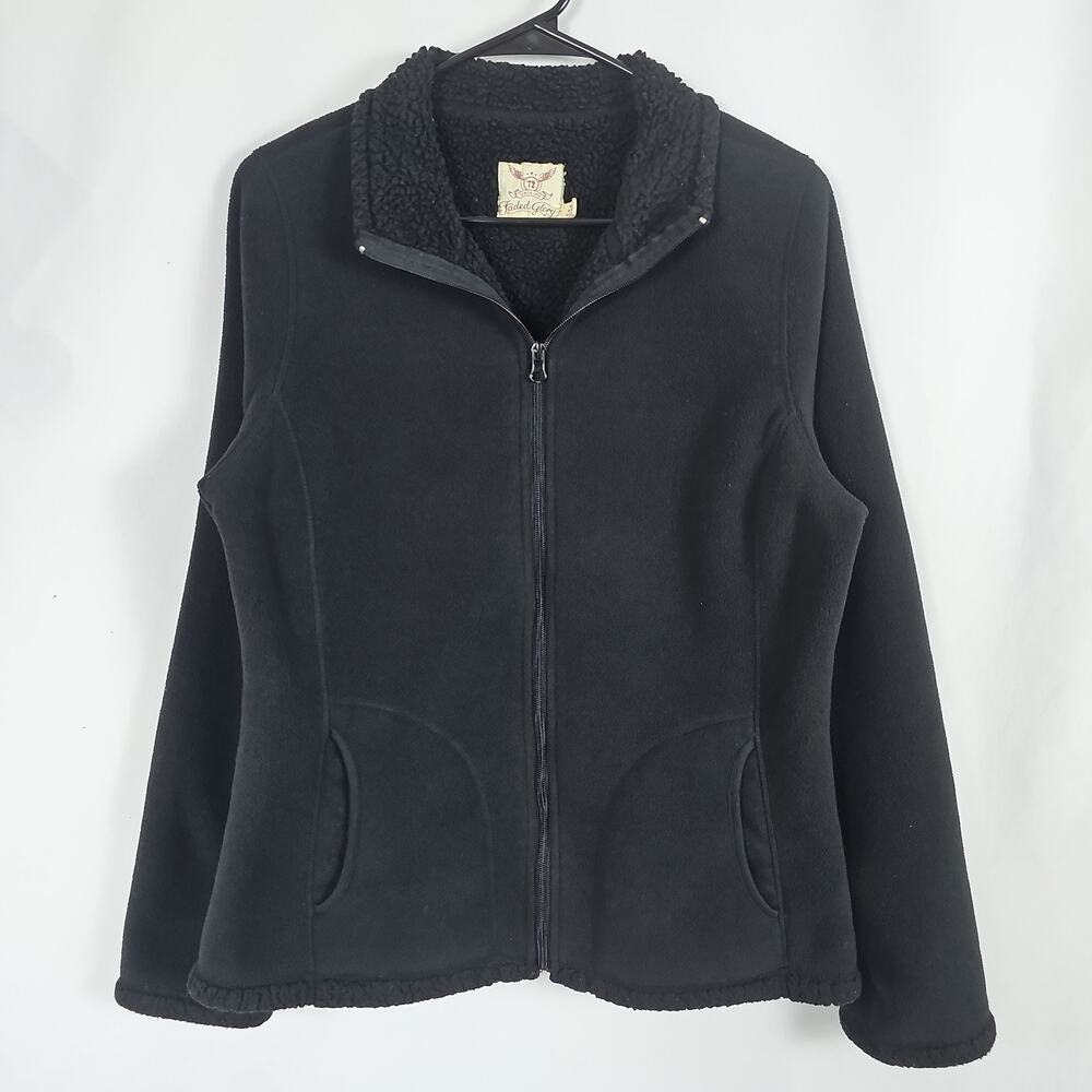 Faded Glory Black Fleece Jacket Womens Medium (10/12) Full Zip Sherpa Warm Soft